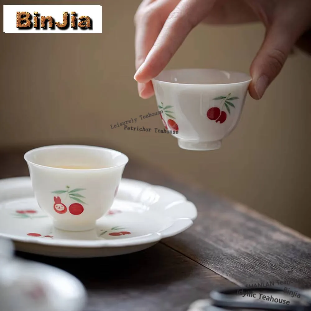 2pc/set Reverse White Handmade Teacup Hand-painted Cherry Master Cup Traditional Cute Cup Smelling Cup Cafes Collection 60ml
