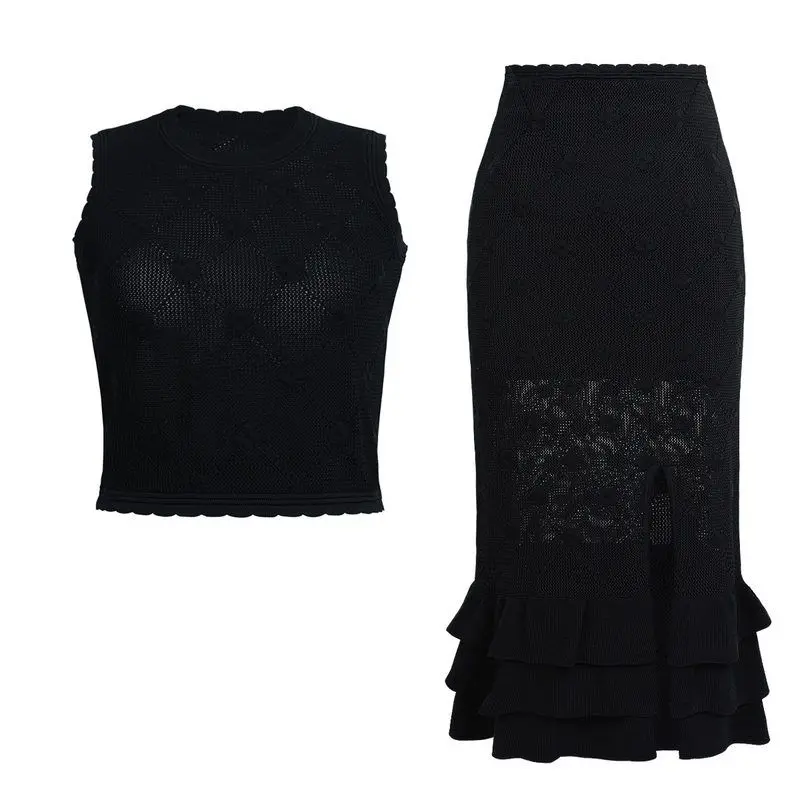 

High Quality 2025 Summer New Style Sleeveless Lady Short Knitted Top And Midi Skirt Set Elegant Fashionable Women's Ensemble