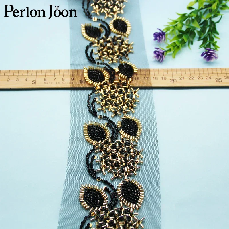 5 Yards Rattan Flower Shape Black Gold Glass Beaded Imitation Handmade Mesh Lace Trim DIY Sew Decorated for Clothing Dress HB082