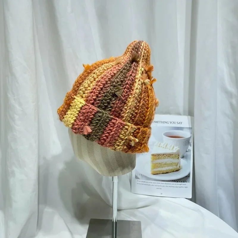 2027 Niche Colored Fringed Wool Beanie Hat Women's Autumn Winter Japanese Warm Ear Protection Contrasting Knitted Pacifier Hat