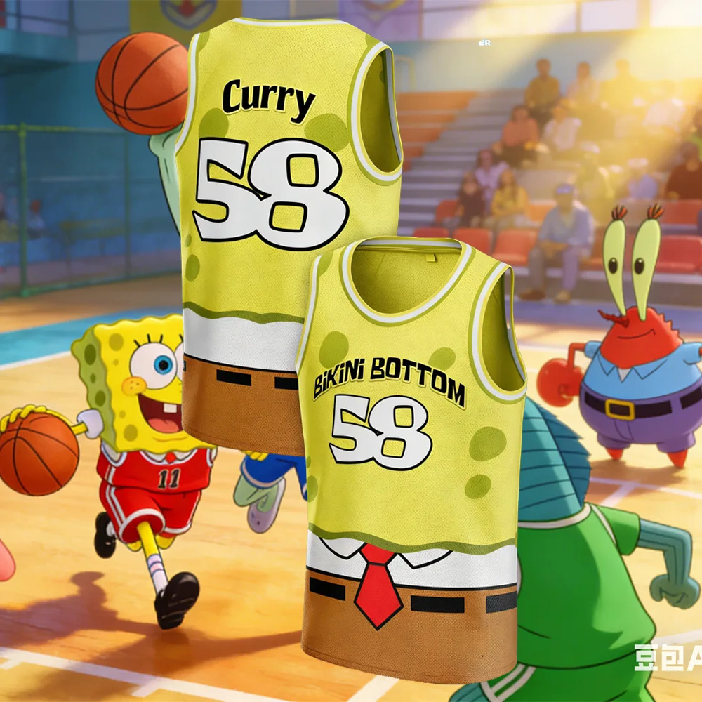Nueva Camiseta de Baloncesto Curry No.30 para Niños/Adultos, Diseño de Bob Esponja en 3D, Talla Grande, Transpirable, de Secado Rápido, para Verano