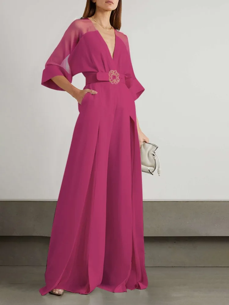 

Women's Luxury Rose Red Mesh Panel Deep V-Neck Belted Wide Leg Jumpsuit 2026 Elegant Formal Overalls for Evening Party Wears
