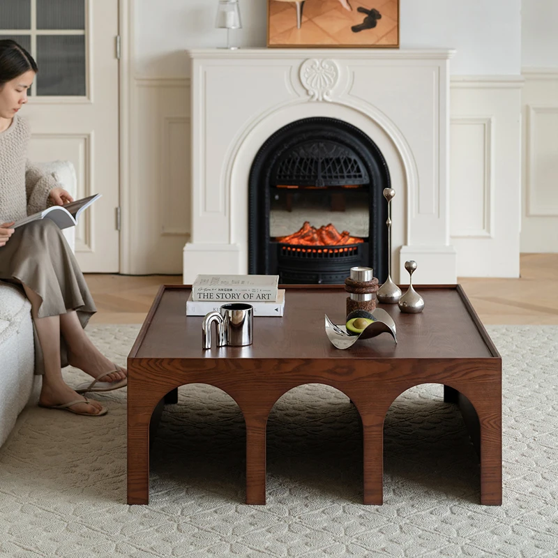 

SX Retro Solid Wood Coffee Table Simple Modern Small Apartment Living Room Square Tea Table Shelf