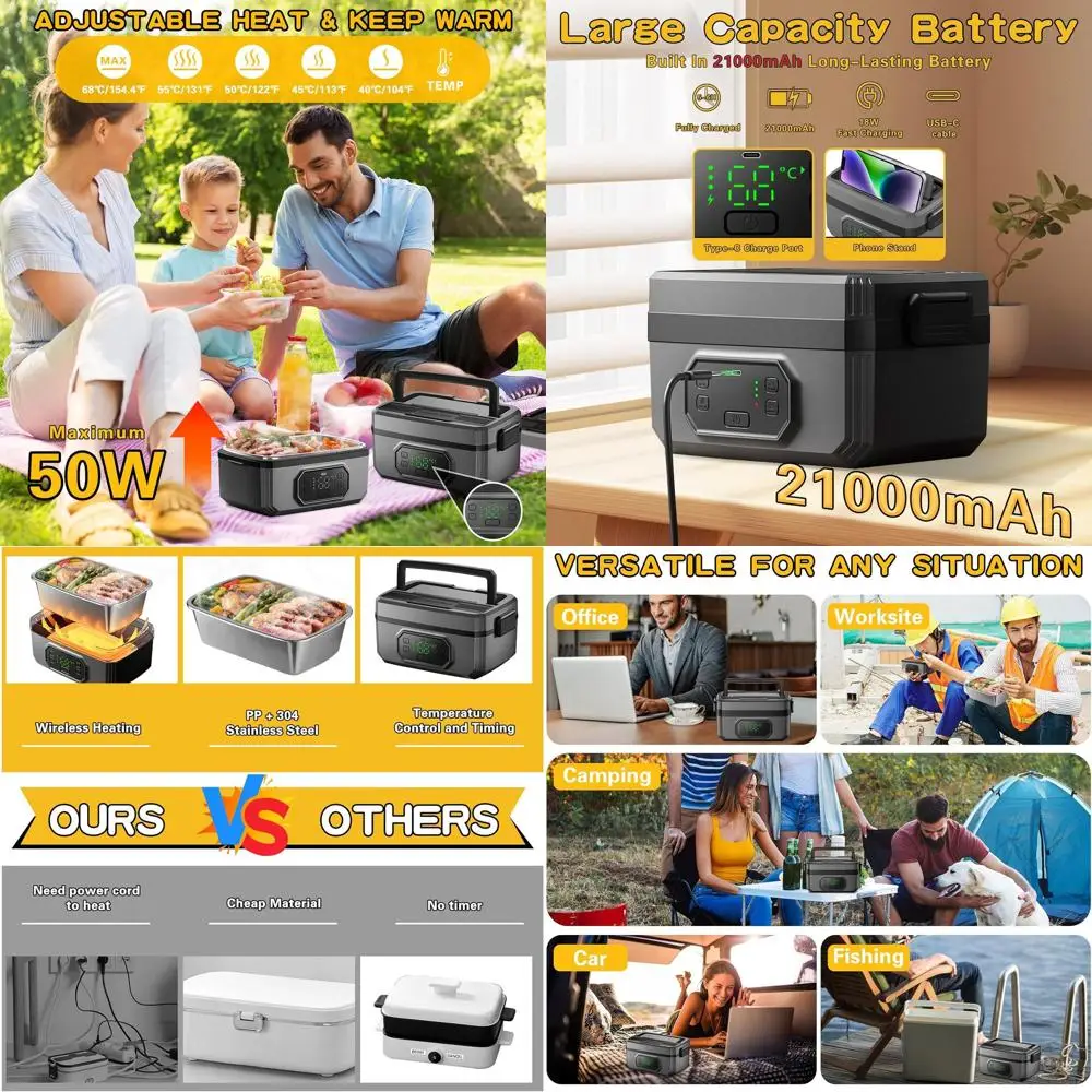 

Portable Electric Lunch Box, 1.2L Capacity, 21000mAh Battery, Self-Heating, Ideal for Work and Travel (Black)