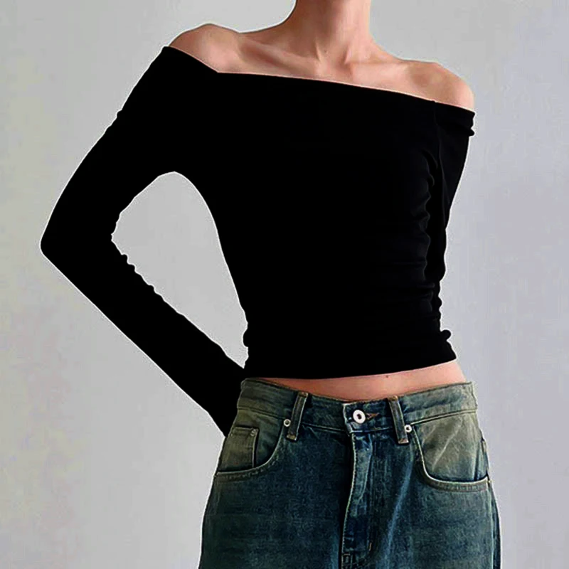 Black Solid Versatile Sexy Slash Neck Elegant Long Sleeve Tops Korean Fashion Slim Cropped T Shirt Women Clothing