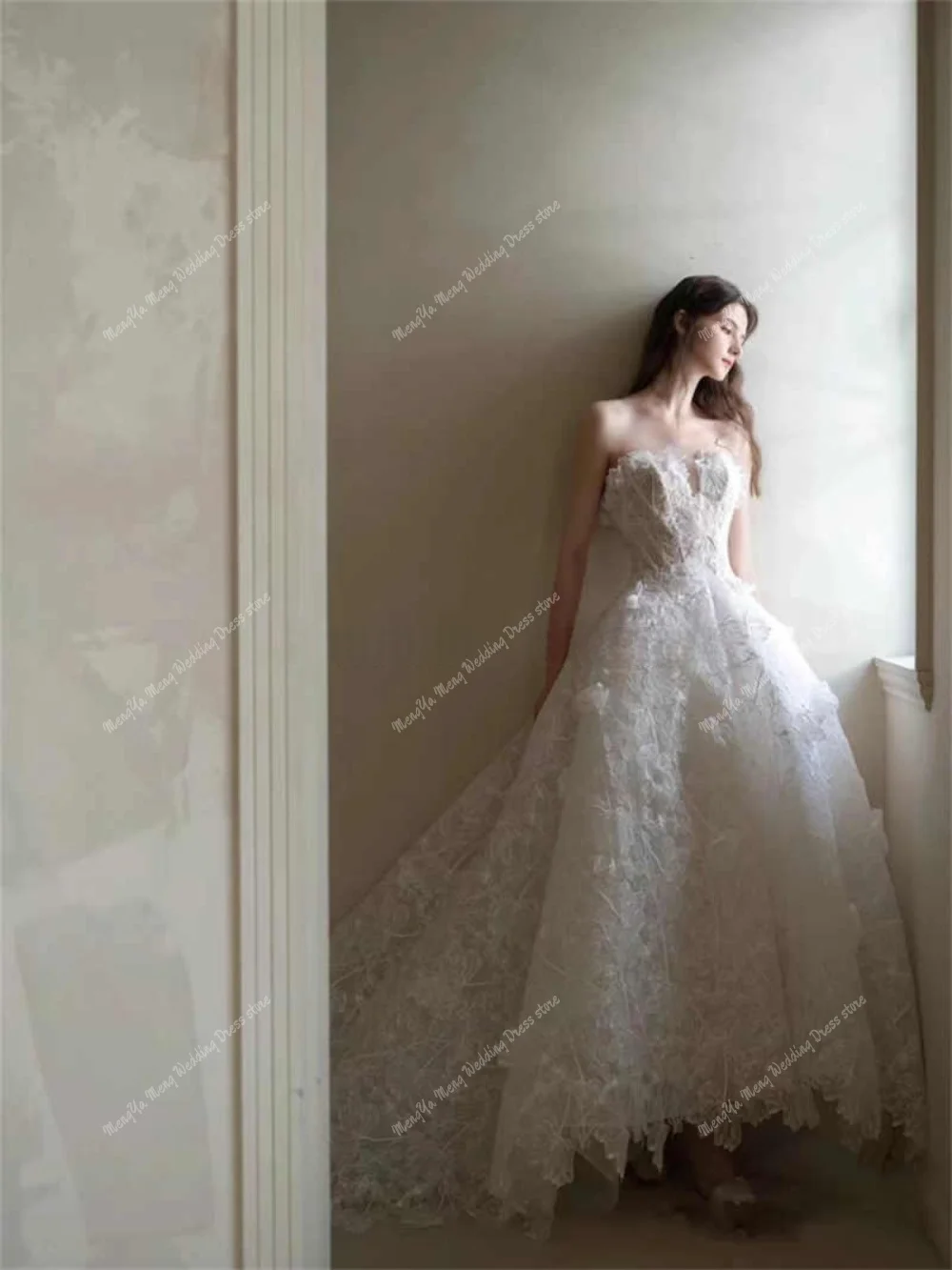 Luksusowa suknia ślubna z koronką w kształcie serca w kolorze kości słoniowej sesja zdjęciowa bez rękawów linia suknie panny młodej długość podłogi Vestido De Noiva Zip dostosowane