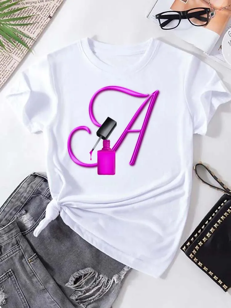 

Maycaur Fashion Women T Shirt Nail Polish Print Casual Tops Custom Name Letter Combination Font A B C D E F G Female Tees Shirts