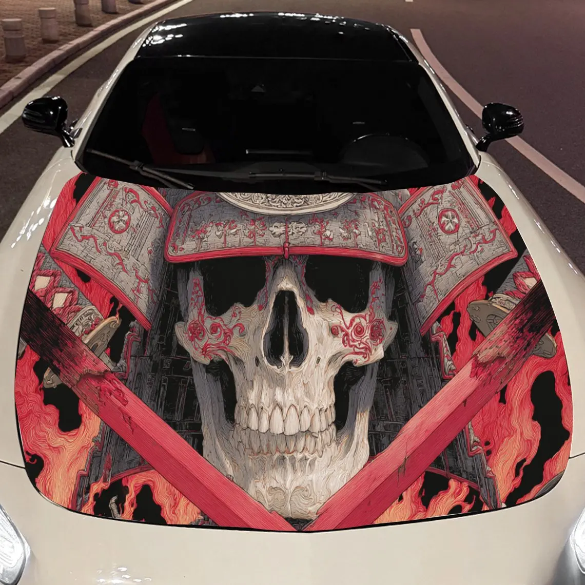 

Самурайский череп и меч - наклейка на капот автомобиля с пламенем, водонепроницаемая самоклеящаяся виниловая наклейка для автомобиля, модный внешний декор автомобиля