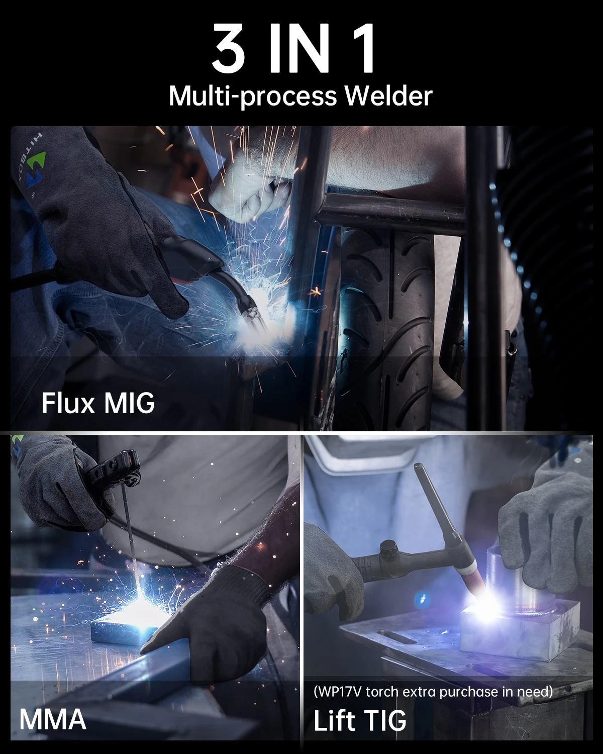 HITBOX HBM1200 220V 200A +1KG Welding Wire 3 in 1 No Gas MIG Welder MMA/MIG/Lift TIG Semi-automatic Welding Machine With Flux Cored Wire Gasless view 6