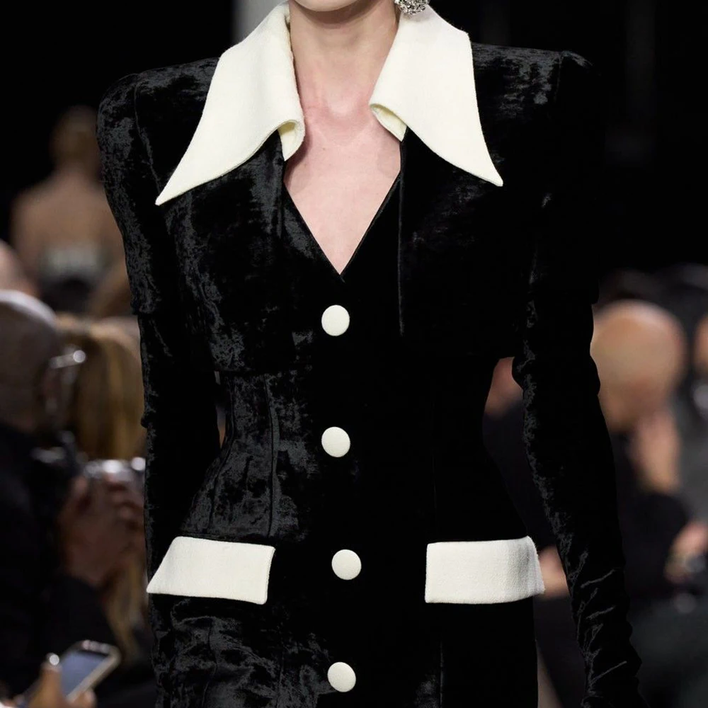 

Элегантное черное бархатное женское вечернее платье-блейзер с глубоким v-образным вырезом и широким лацканом с длинными рукавами, однобортное банкетное платье для красной ковровой дорожки