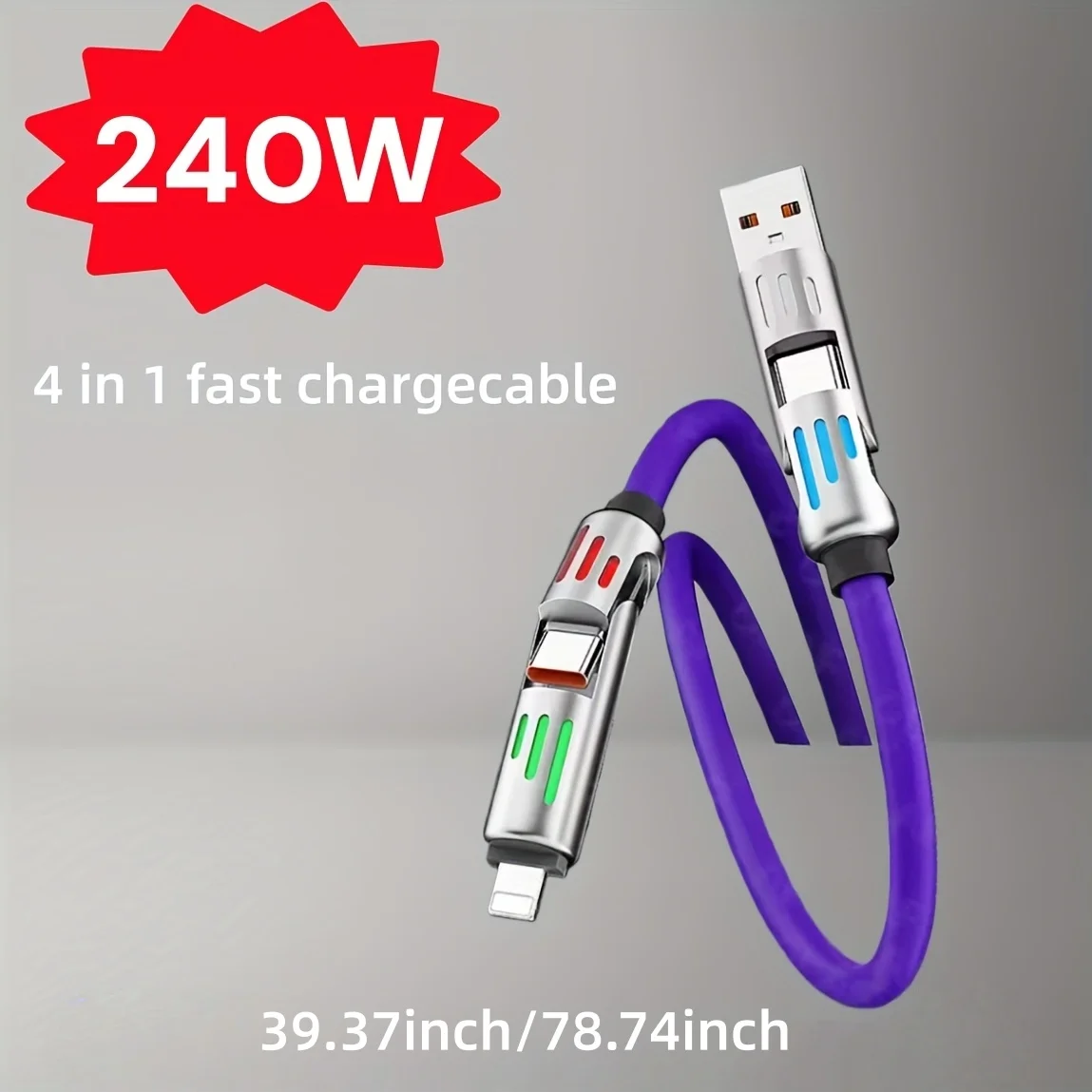 

Кабель USB 4-в-1 для быстрой зарядки 240 Вт [90 см/180 см], Type-C, для iPhone, Samsung, Huawei, Xiaomi, многопортовый, для зарядки нескольких устройств