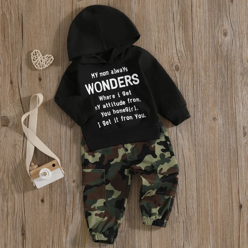 

18 Months to 6 Years Kids Boys Pant Sets Spring Autumn Clothes Long Sleeve Letters Hoodie with Camouflage Sweatpants