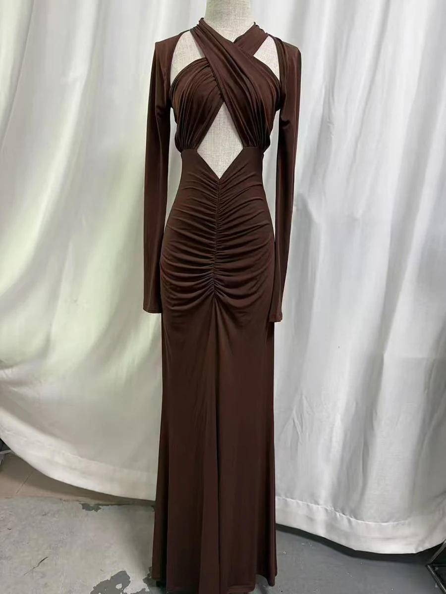 ชุดเดรสเซ็กซี่ทรงเข้ารูป TWOTWINSTYLE สำหรับผู้หญิง คอสูง แขนยาว แต่งผ้าต่อกัน จับจีบ เอวสูง เสื้อผ้าผู้หญิง