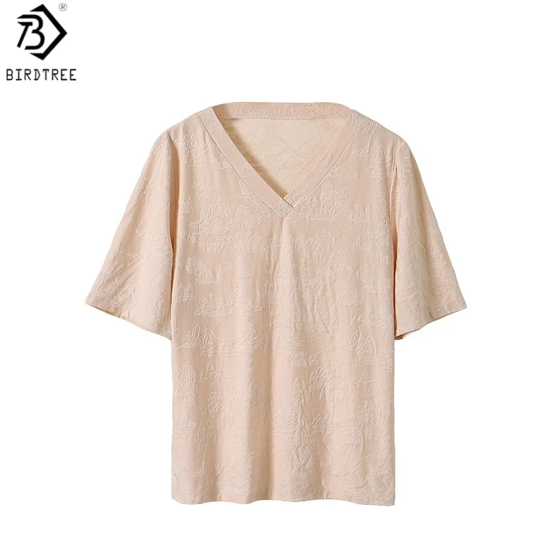 Birdtree, 93% Silk 7% Spandex Solid Tshirt, Jacquard V Neck Tops, Women Short Sleeve Shirt, 2026 Spring Summer Clothes T61923JF