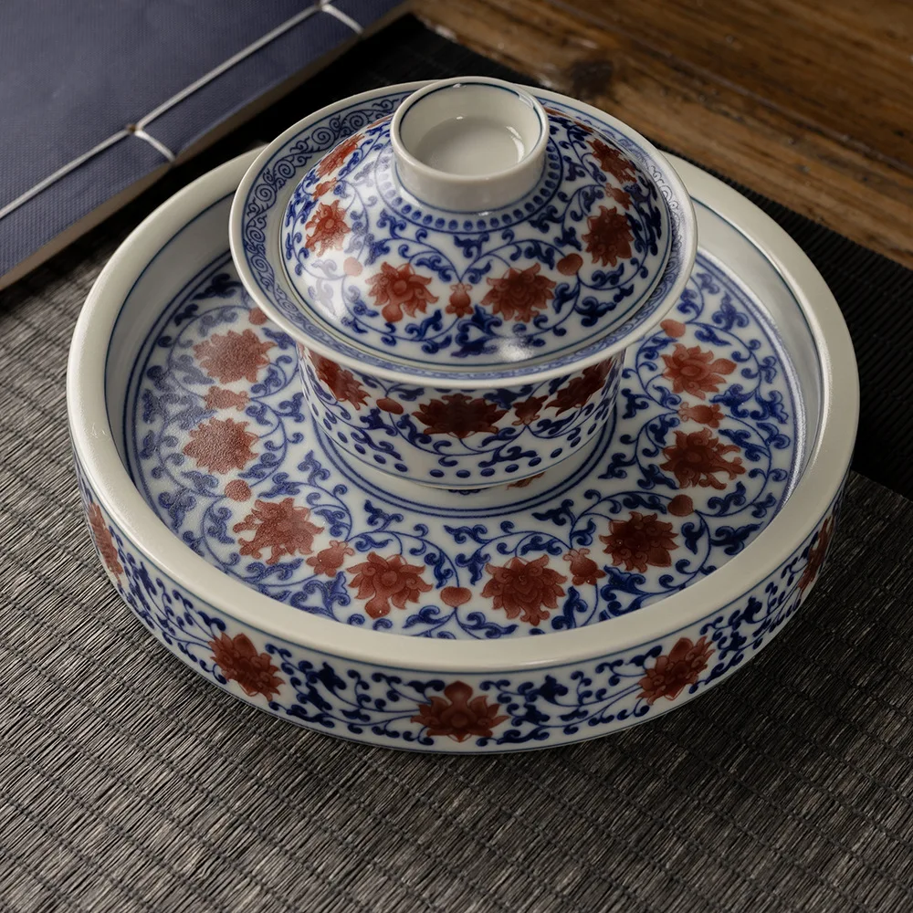 Jingdezhen Blue and White Glaze Red Interlock Branch Tureen Tea Brewing Bowl Two-Way Hover Emperor Big Pot Bearing Retro