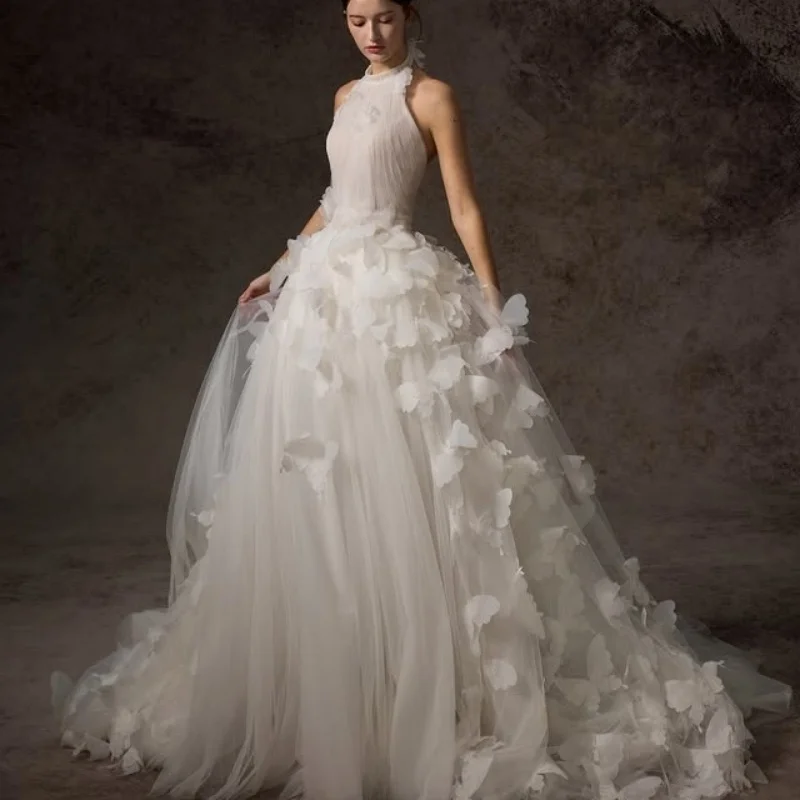 فساتين زفاف بيضاء خارج الكتف مشد صائق 3D فراشة صائق تنورة فساتين الزفاف متعدد الطبقات صنع ﻿ تخصيص