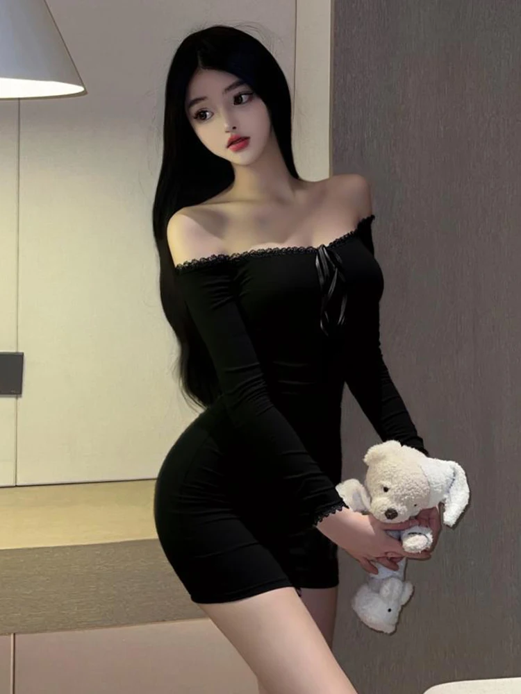 Cravatta in pizzo nero da donna sexy con spalle scoperte manica lunga aderente abito corto abito da party club abiti da donna casual abiti da strada nuovo