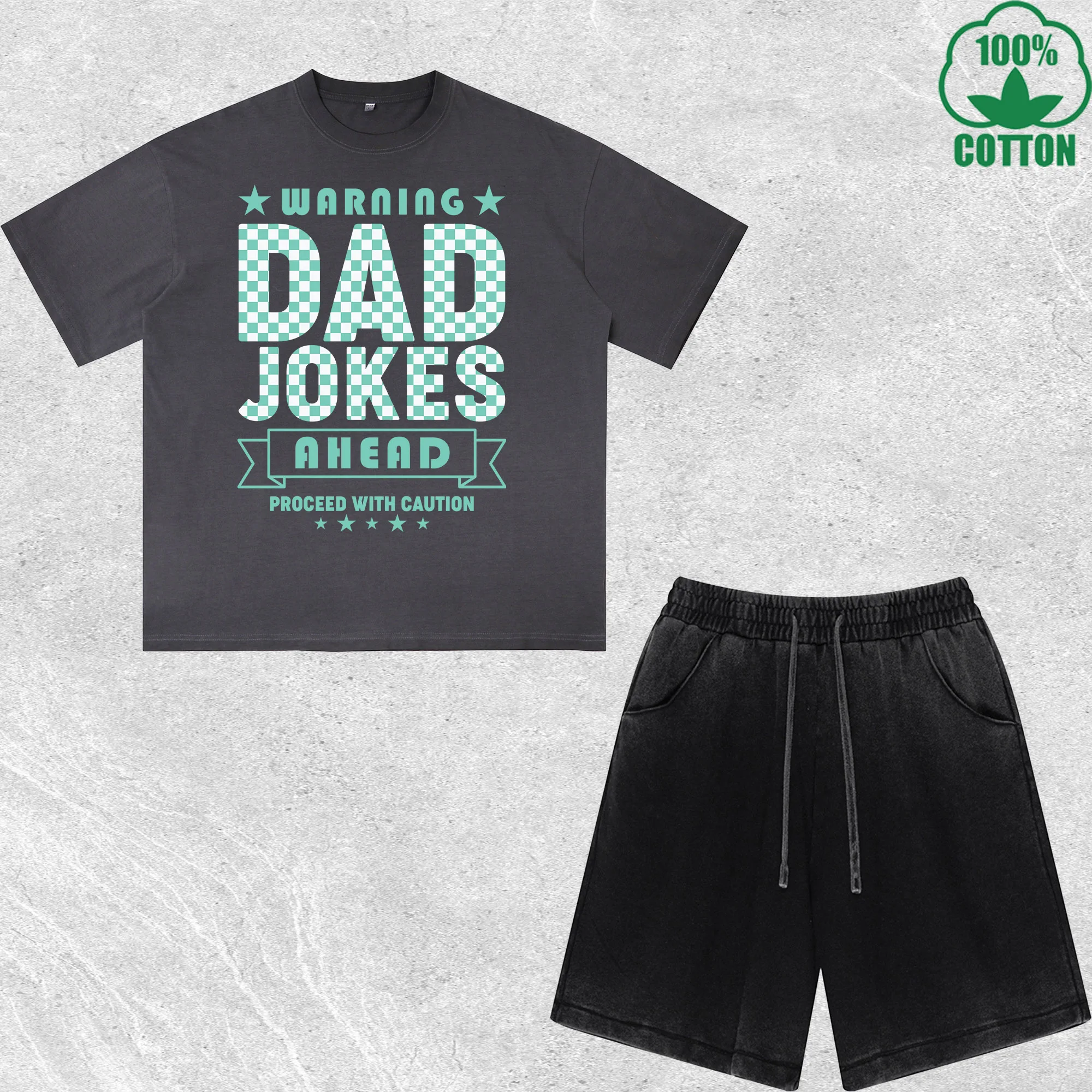 

Dad Jokes Printed Dirty Wash 100%Cotton T-Shirt Shorts Set Multicolor Combo Loose Trendy Fashionable