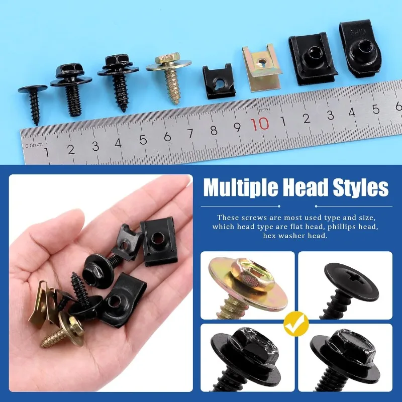 64pcs Carbon Steel U-Clips and Body Bolts Screws Assortment Kit Car Clips with Self Tapping Screw for Bumper Fender Trim Panels