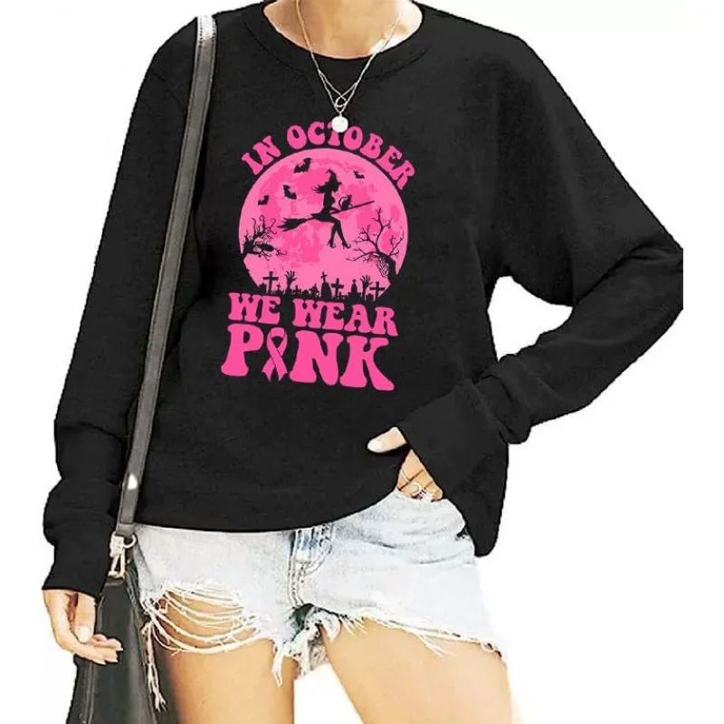 Halloween Breast Cancer Awareness Women's Long Sleeve Pullover Pink Ribbon Pink Round Neck Top Sweatshirt