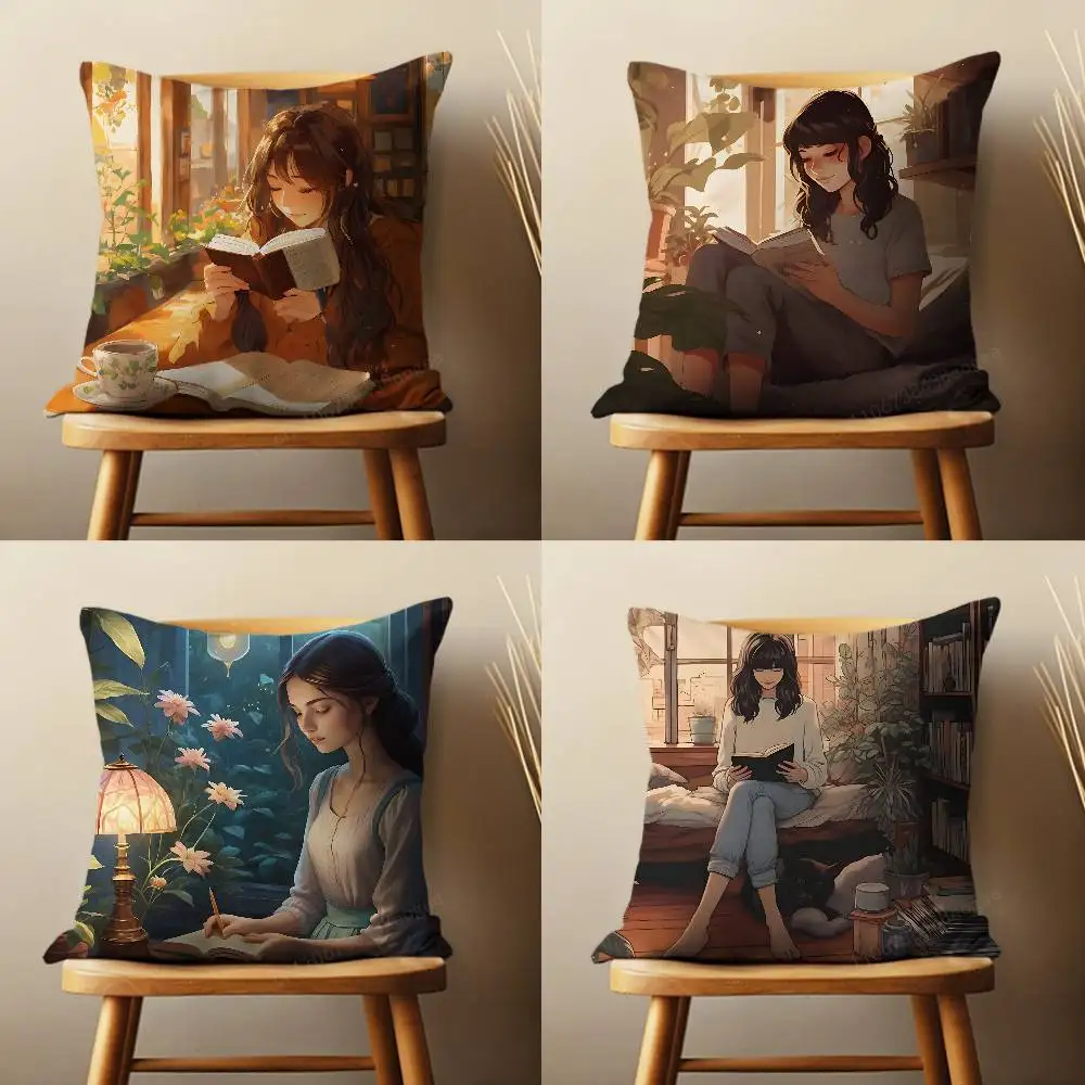 

illustration Art Read Book Pillow Case Living Room Sofa Cushion Cover Suitable For Home Bedroom Decoration And Protector