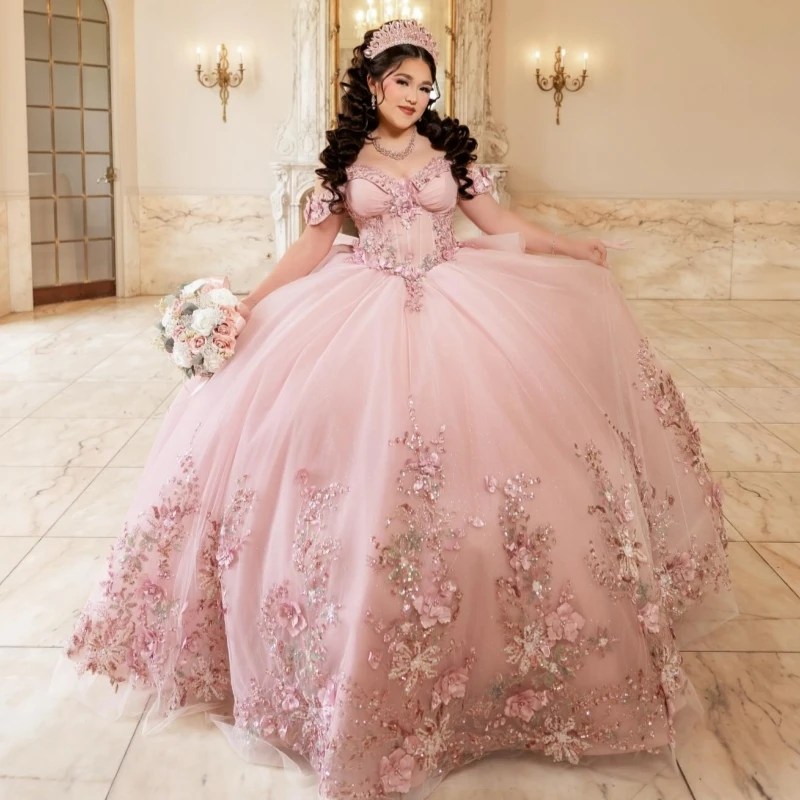 

Розовое блестящее платье принцессы на тонких бретельках Sweet 16, платья Quinceanera, блестящая аппликация, цветочные бусины, тюлевые платья для вечеринки, дня рождения, Vestidos