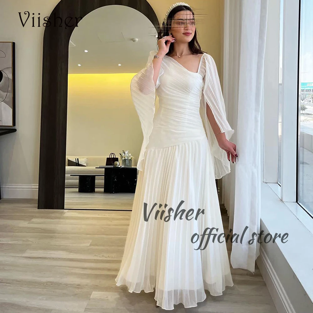 

Viisher White Chiffon Mermaid Evening Dresses V Neck Arabian Dubai Wedding Party Dress Floor Length Formal Occasion Gowns