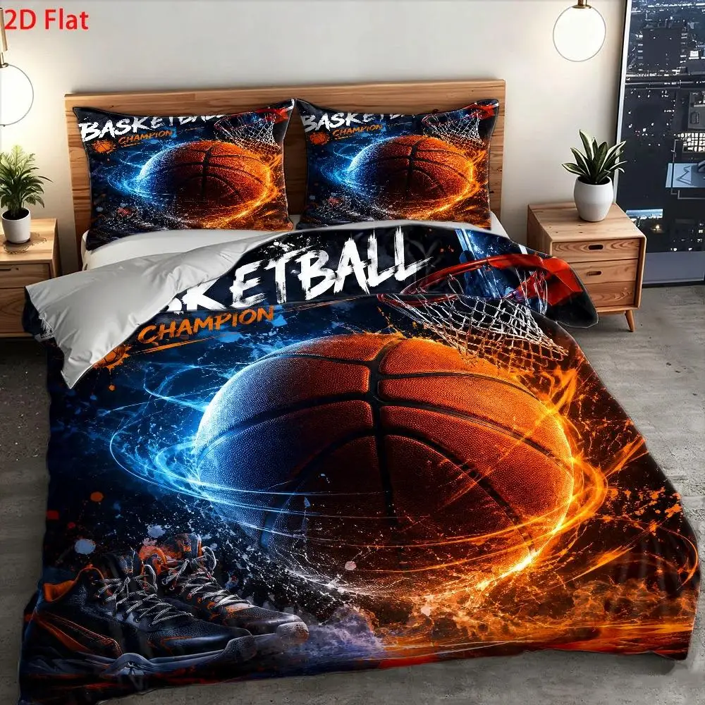 3Pc Basketball-Themed Printed Duvet Cover Set, Three-Piece Bedding Set (1*Duvet Cover + 2*Pillowcases), Light Luxury Style Double Bedding, All-Season Skin-Friendly Breathable Quilted Duvet Cover, Modern Minimalist Bedroom Decor, Duvet Cover Set, Zippered Closure, Easy to Clean, Durable, Machine Washable, Wrinkle-Resistant Polyester Fabric Woven Bedding Set, Suitable for Large Duvet Covers in Home, Dormitory, Master Bedroom, Guest Room, Nordic Style Bedding Set for Student Dormitories view 3