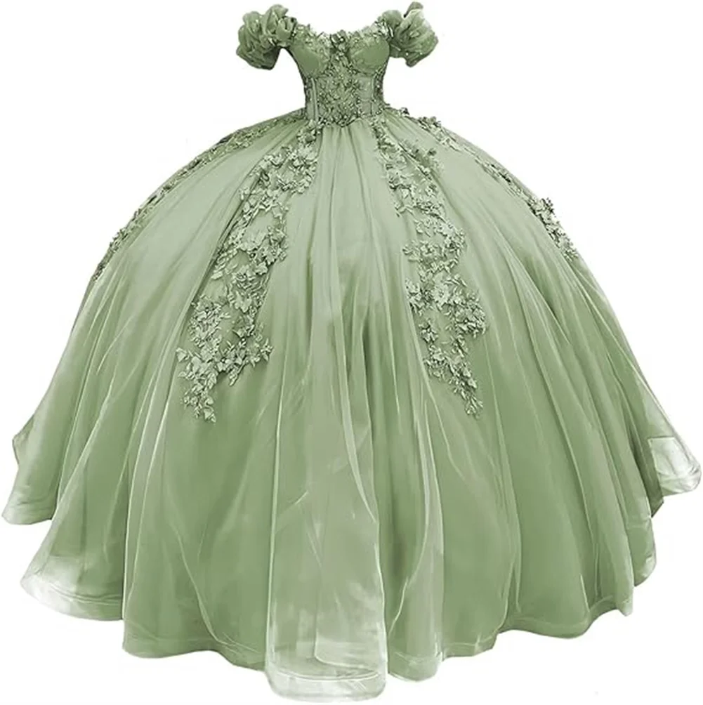 تخصيص كشكش قبالة الكتف فساتين Quinceanera تول ثلاثية الأبعاد زهرة مشد الكرة ثوب بريق مطرز فراشة الحلو 15 16 فساتين #4