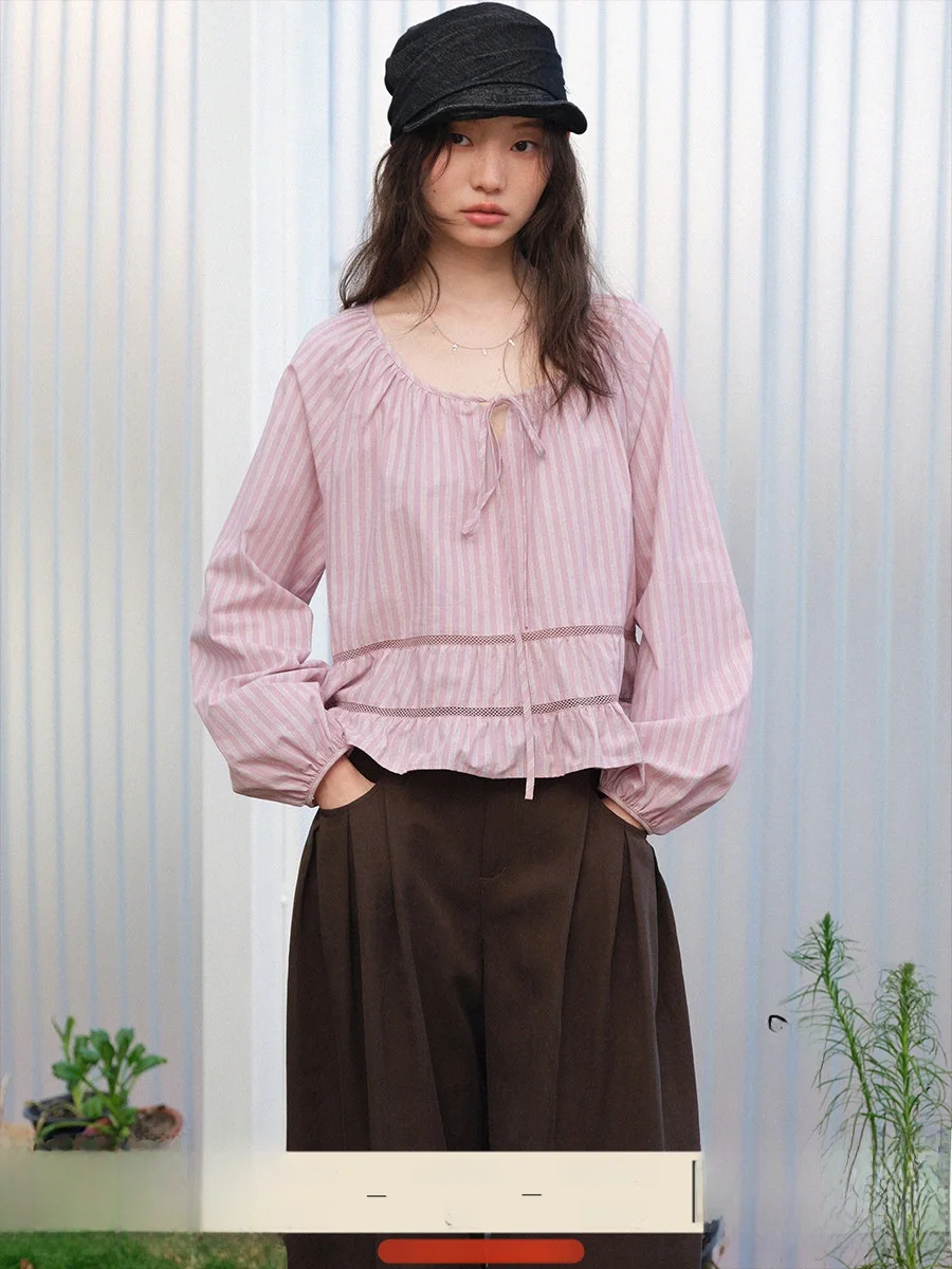 

Pure Cotton Striped irt Women's ort Sle Floral Trim Button up Long Sve round Ne Spring Season French Sle Loose Fit