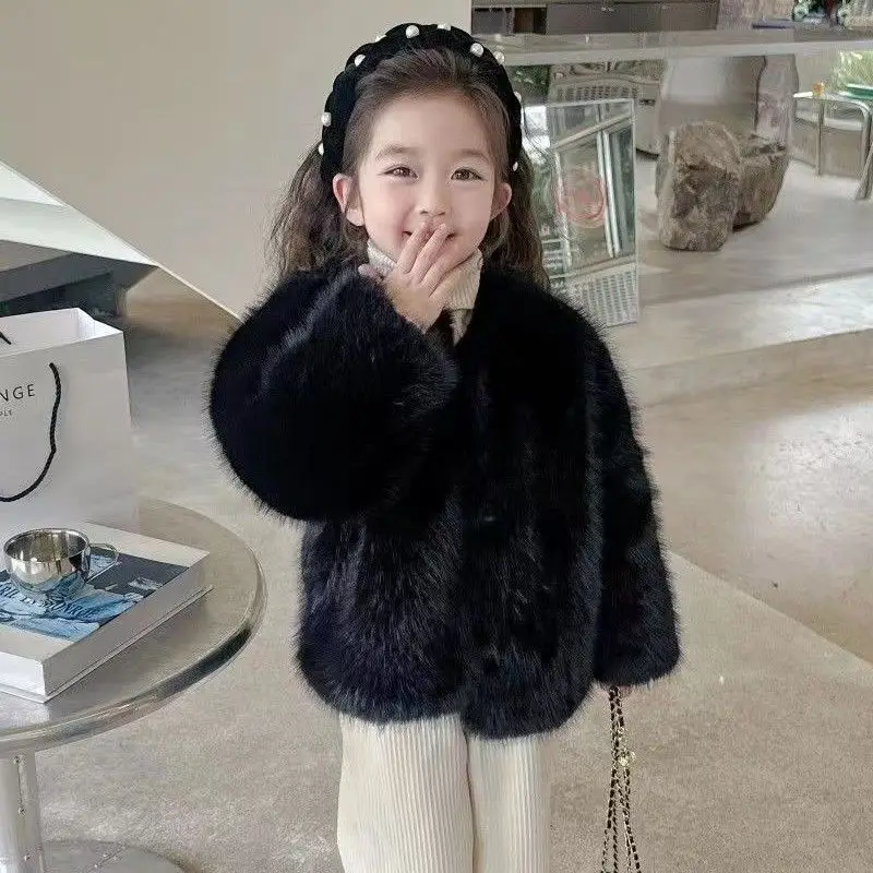 

Girls Faux Fur Jackets 2025 New Fashion Children's Warm Environmentally Friendly Fur Coat Kids Tops 90-15cm