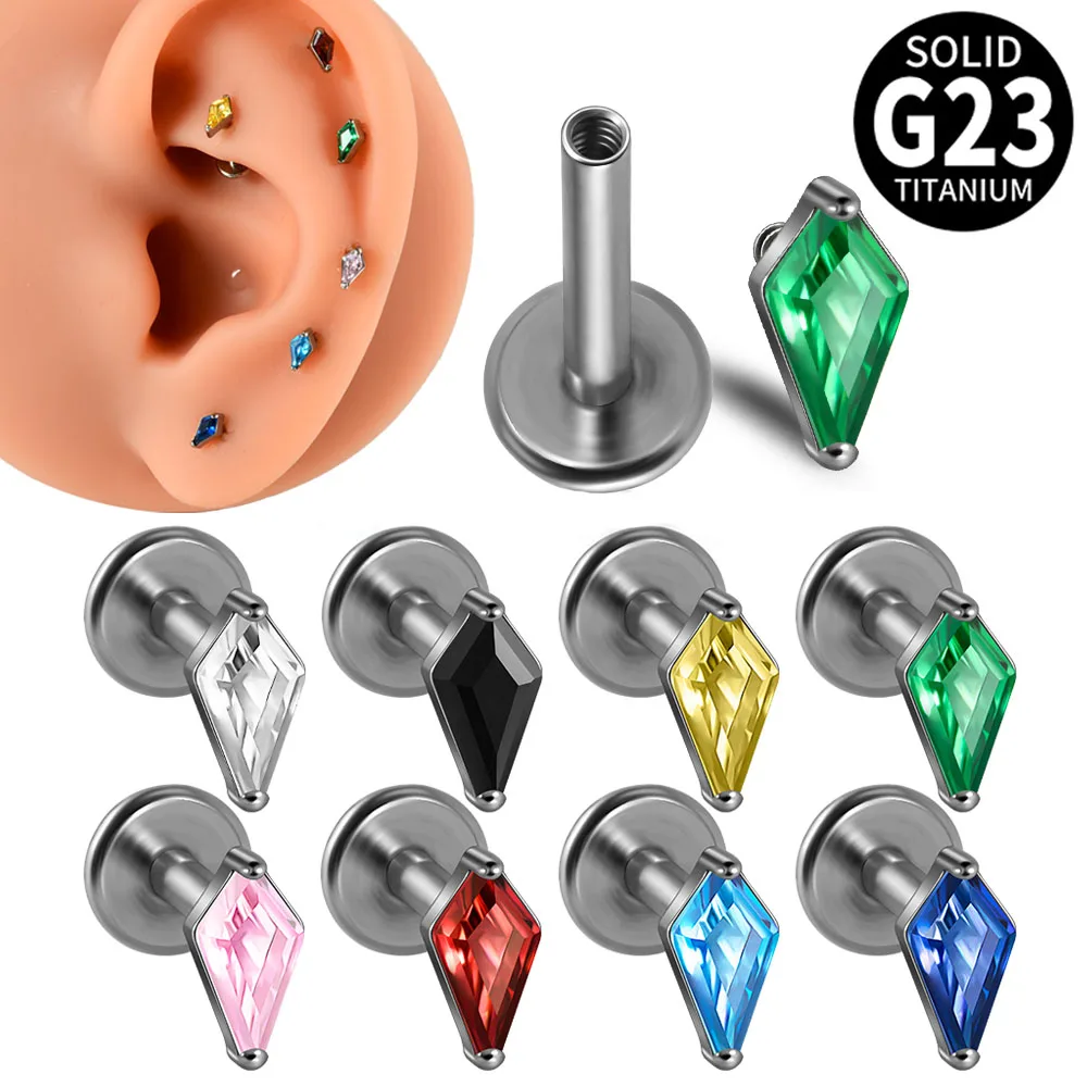 1pcs G23 Titanium Rhombus Zircon Earring Labret Studs Tragus Ear Cartilage Flat Piercing Nose Internal Thread Piercing Jewelry