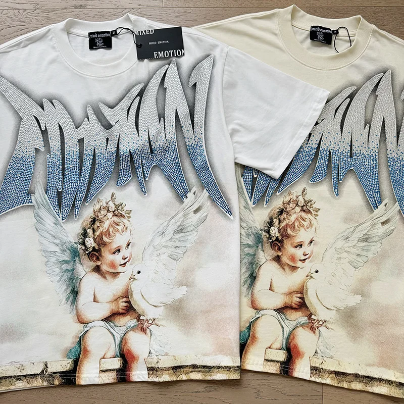 

Смешанная ЭМОЦИЯ Модный свободный хлопок с короткими рукавами в стиле ретро с принтом и горячим просверленным принтом