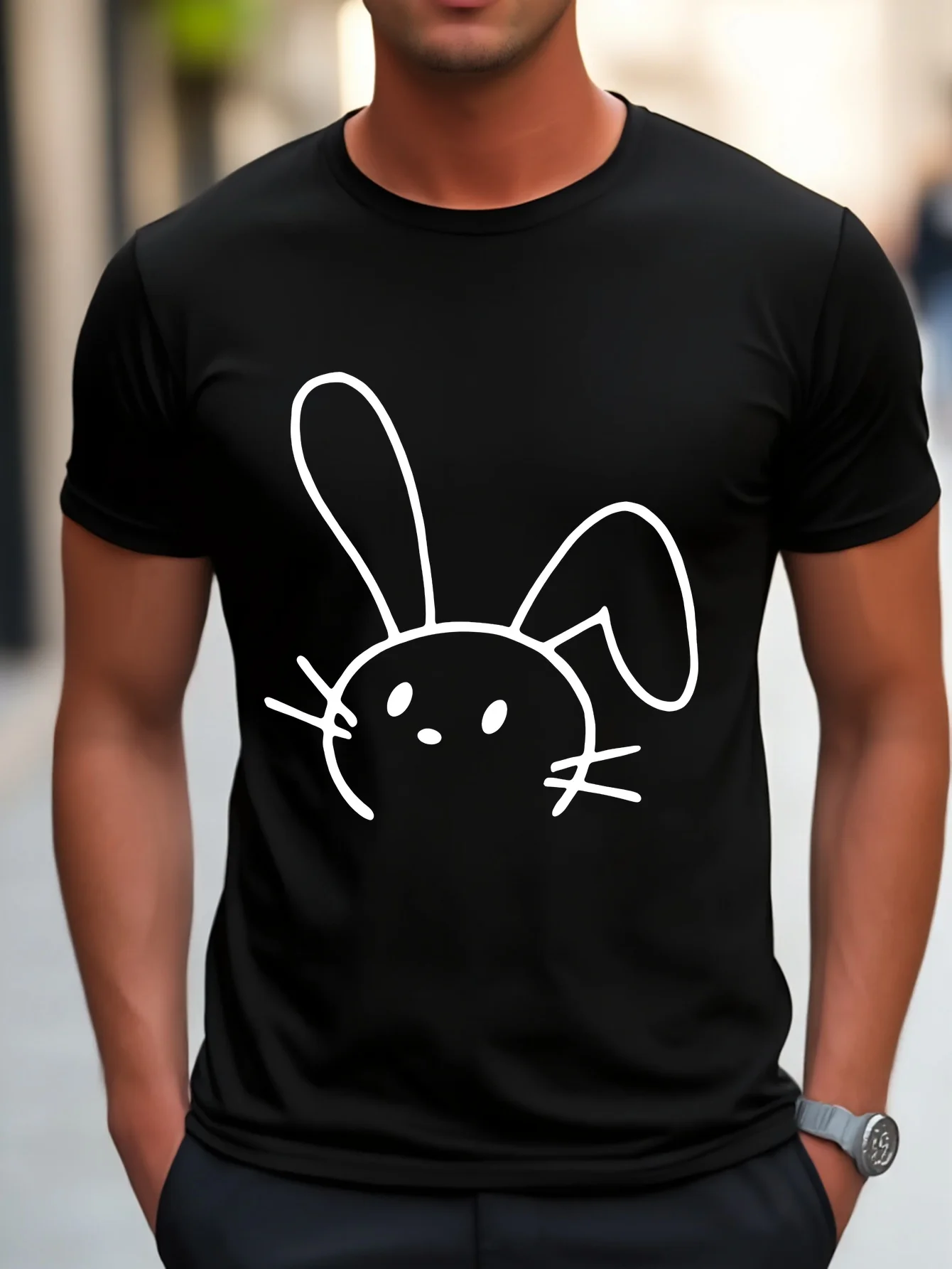 Men Cotton Tee Minimalist Bunny Line Graphic Short Sleeve Crew Neck Casual Street T Shirt For Animal Lovers Summer Daily Tops