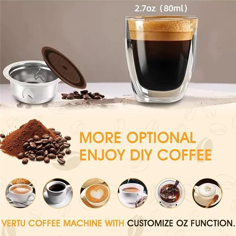 A66T-Reusable Espresso Pods For Nespresso Vertuo /Next/Plus Refillable Coffee Capsule W/H Silicone Cap Spoon & Brush