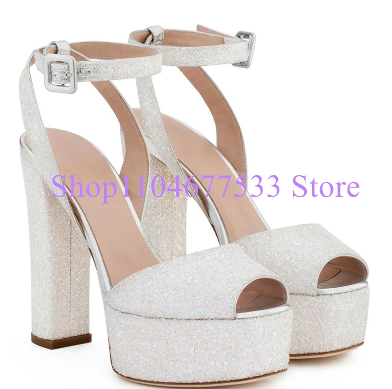 

Silver Color Bling Bling Lady Platform Sandals Fashion Peep Toe Chunky Heel Woman Dress Sandals Large Size Female Pumps Shoes