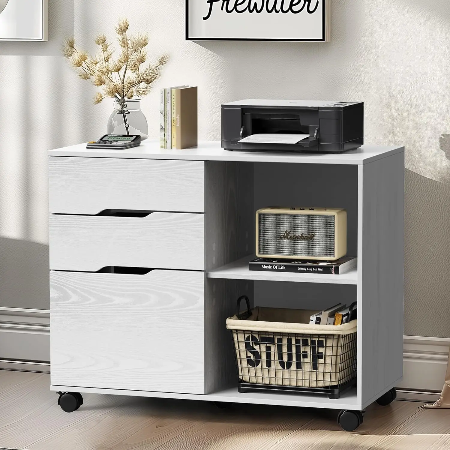 Lateral File Cabinet w/ 3 Drawers, Rolling Wooden Printer Stand Under Desk Storage Organizer w/ 4 Wheels Adjustable Shelf, White