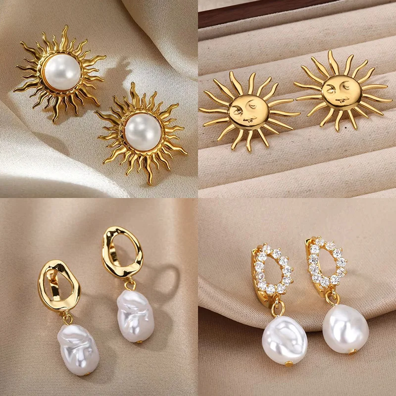 Stainless Steel Human Face Sun Stud Earrings for Women Gold Color Wedding Aesthetic Irregular Sun Earring Jewelry Accessories
