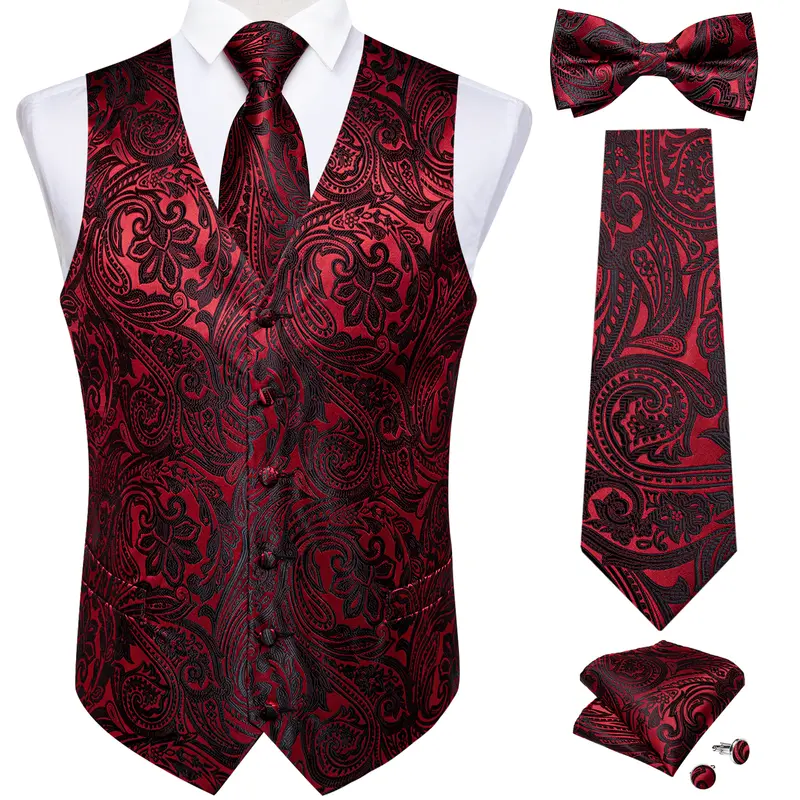 Men Black Paisley Vest Necktie Bowtie Pocket Square Cufflinks Dress Set жилетка мужская Classic 5 PCS Business Waistcoat for Man - Image 23