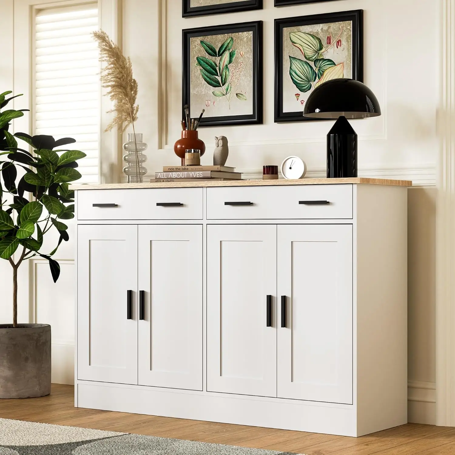 Mueble buffet blanco, mueble cafetería con 2 cajones y 4 puertas, aparador buffet de cocina para salón, cocina