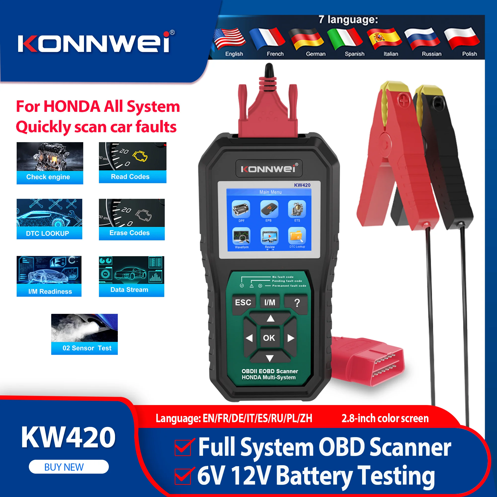 

Автосканер KONNWEI KW420 OBD2, тестер батареи 2-в-1, диагностический инструмент для систем SRS и ABS, сброс кодов ошибок Honda, считывание и очистка кодов неисправностей.