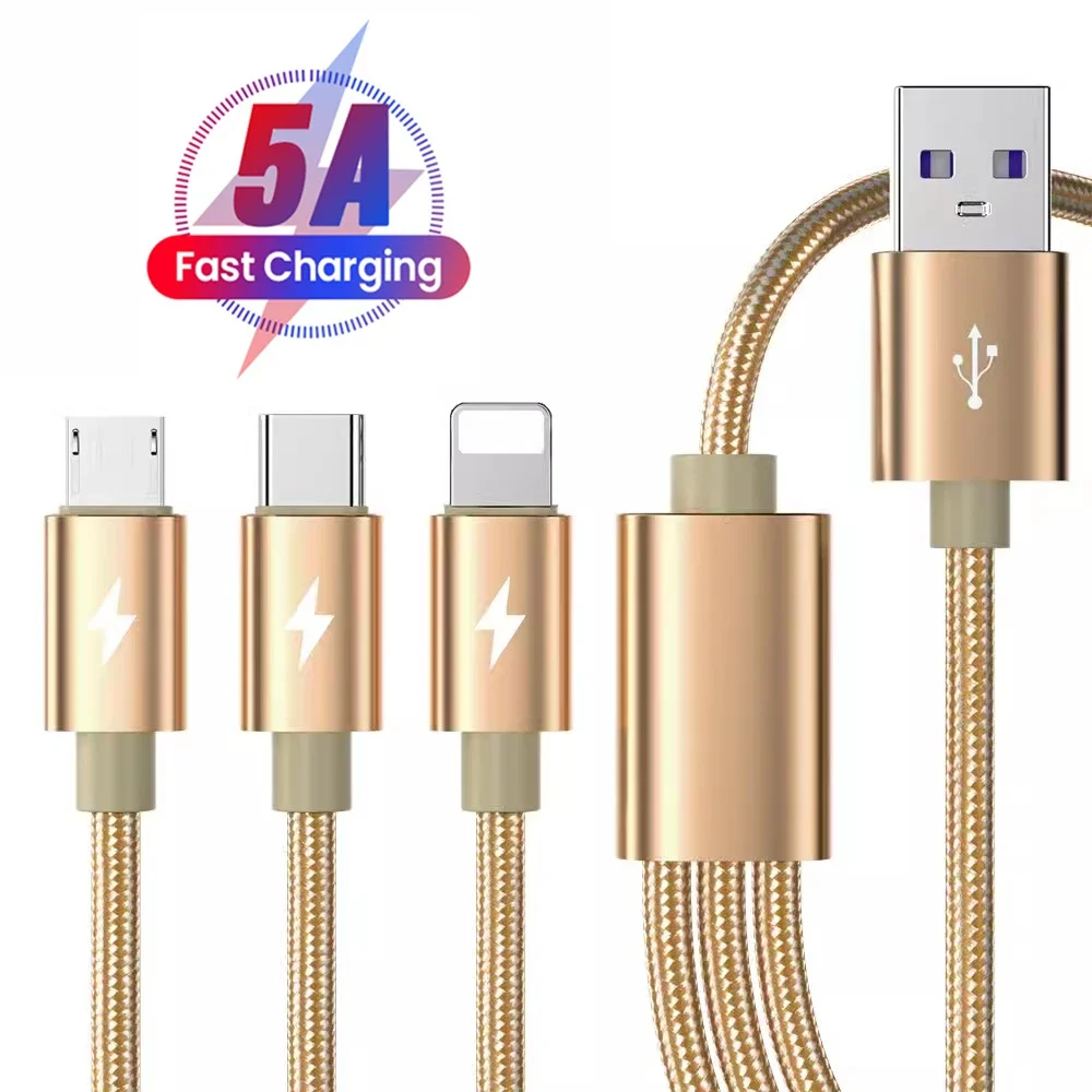 3 in 1 5A Fast USB Charging Cable for iPhone iPad Samsung Huawei Xiaomi Honor Redmi POCO OPPO Realme Moto Universal Charge Cable