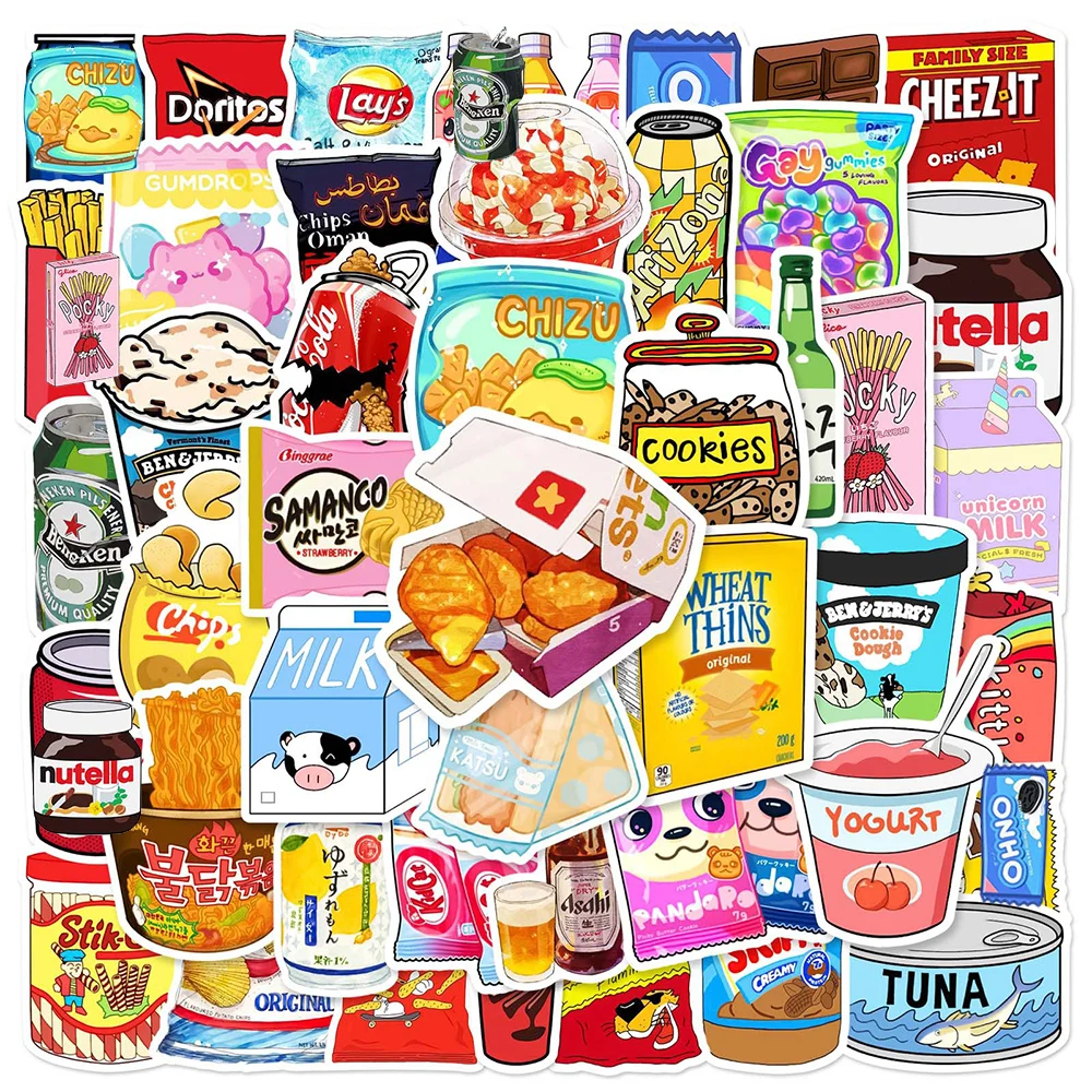 

10/50/100PCS Kawaii Snacks Cartoon Decoration Stickers Aesthetic Food Decal DIY Laptop Stationery Diary Cute Sticker for Kid Toy