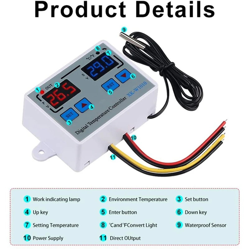 Digital LED Thermostat Digital Temperature Controller C/F For Incubator LED Relay 10A Heater XK-W1010