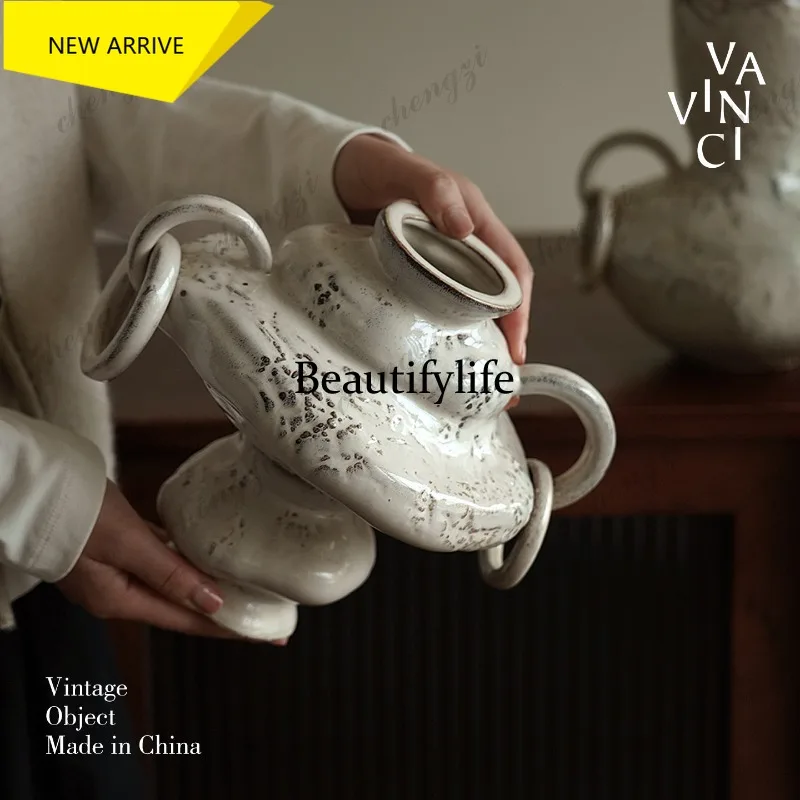 MM182 Retro art handmade ceramic vase beige binaural flower ware living room entrance ornament