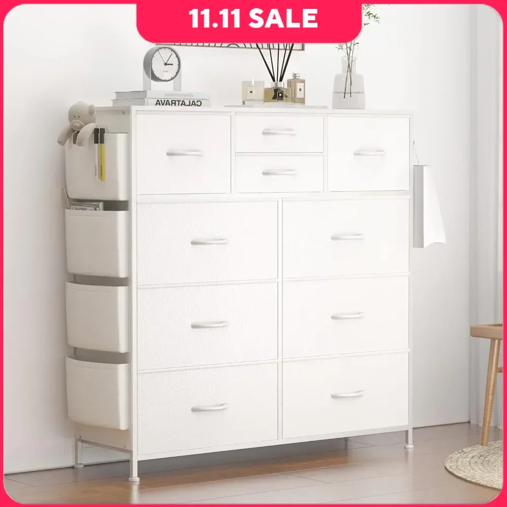 

Dresses 10 Drawers, Bedroom Chest of Drawers with Side Pockets and Hooks, Sturdy Steel-framed Vanity, PU Storage Dresses