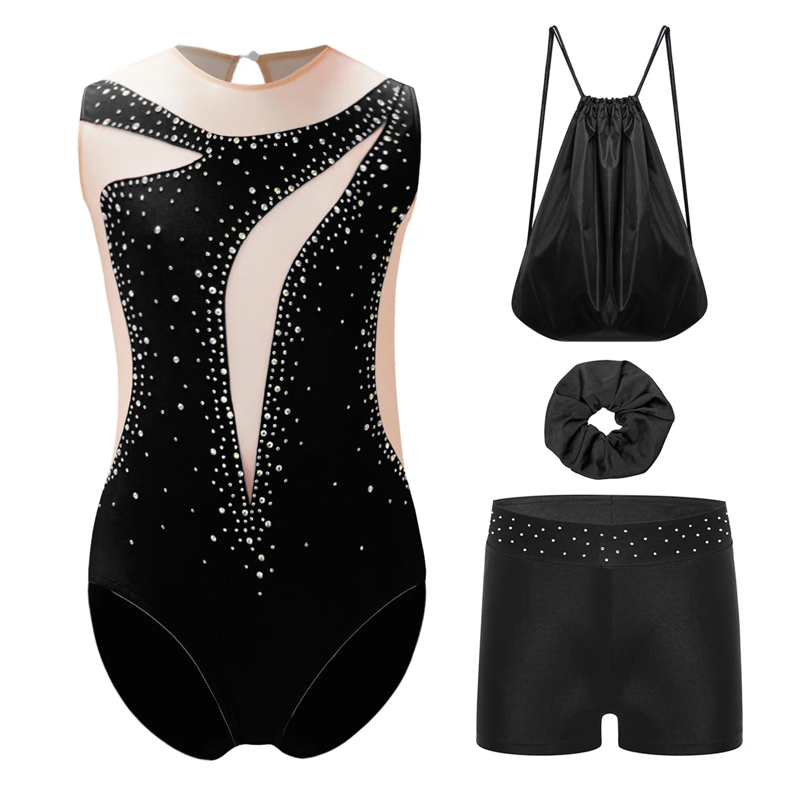 Children Shiny Rhinestone Gymnastic Leotard with Shorts Stage Performance Dance Wear Kids Girls Figure Skating Dance Outfit
