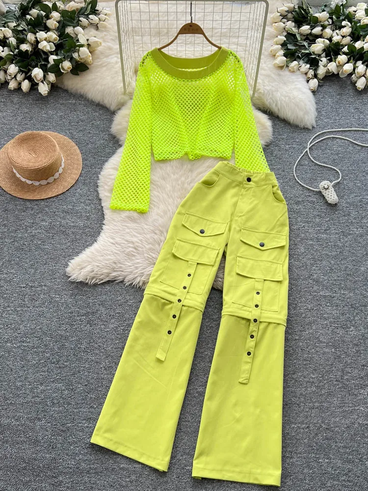 

Fashion Hollowed Out Mesh Long Sleeved Top Women's Clothing Casual High Waisted Wide Leg Pants