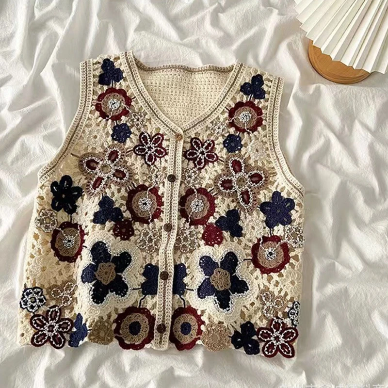 Women Vintage Hollow Crochet Knit Vest Waistcoat Ethnic Beaded Embroidery Colorful Floral Sleeveless Crop Cardigan for JACKET