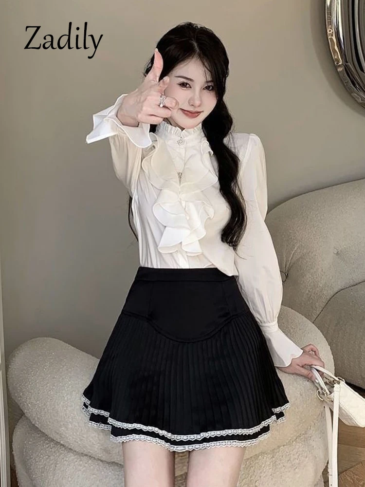 Zadily 2024 Summer England Style Long Sleeve Women White Shirt Vintage Button Up Tops Stand Neck Chiffon Blouse Chic Clothing